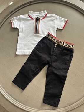 Burberry White Polo with Red Trim & Black Pants Set